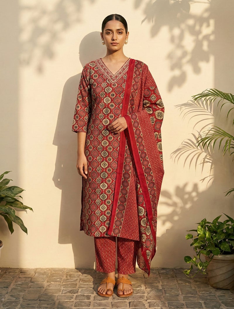 trueBrowns طقم كورتا بنطال دوباتا مزخرف بطباعة حمراء من trueBrowns - Image 1